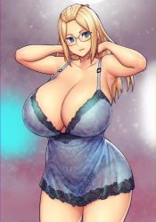 Rule 34 | 1girl, absurdres, armpits, babydoll, bangs pinned back, blonde hair, blue babydoll, blue eyes, borrowed character, breasts, cleavage, commentary, cowboy shot, curvy, english commentary, erkaz, facing viewer, glasses, highres, huge breasts, inne sulistya robin, lingerie, long hair, looking at viewer, nightgown, no bra, norman maggot, original, plunging neckline, rimless eyewear, solo, standing, strap gap, thick thighs, thighs, underwear, underwear only
