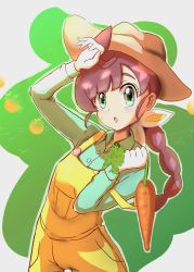 Rule 34 | 1girl, arms up, braid, brown headwear, carrot, chloe (pokemon), clenched hand, collared shirt, cowboy shot, creatures (company), game freak, green eyes, green shirt, hand up, hat, highres, holding, holding carrot, long hair, long sleeves, looking at viewer, maroon hair, nintendo, open mouth, pokemon, pokemon (anime), pokemon journeys, shirt, side braid, simple background, sun hat, yellow overalls