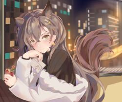 Rule 34 | 1girl, animal ears, arknights, ascot, black coat, black jacket, black nails, brown hair, coat, extra ears, hair between eyes, highres, holding, jacket, jewelry, long hair, looking at viewer, mole, mole above eye, mole on forehead, penance (arknights), penance (occasionally flushed) (arknights), solo, tail, white ascot, wolf ears, wolf girl, wolf tail, yellow eyes, ying wei jin inexistenec