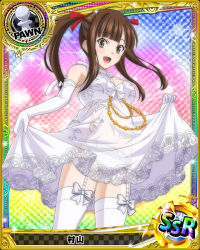 Rule 34 | 10s, 1girl, breasts, brown eyes, brown hair, card (medium), character name, chess piece, dress, gloves, hair ribbon, high school dxd, murayama (high school dxd), official art, open mouth, panties, pawn (chess), ribbon, smile, solo, thighhighs, trading card, twintails, underwear, wedding dress, white panties