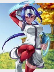 1girl absurdres arm_up blue_hair breasts chakram closed_mouth crosscode day detached_sleeves fighting_stance grass hair_between_eyes headgear highres holding holding_weapon jacket large_breasts lea_(crosscode) leg_up long_hair outdoors ponytail ratoona_ab red_eyes red_sleeves red_thighhighs scar scar_on_face sidelocks skindentation sky solo standing standing_on_one_leg thighhighs tree weapon zettai_ryouiki