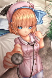 Rule 34 | 1girl, alice margatroid, alternate costume, beret, blonde hair, blue eyes, blue hairband, blurry, blurry background, bow, cat, closed mouth, collared dress, commentary request, cowboy shot, day, depth of field, dress, foreshortening, futon, hairband, hat, hat bow, highres, holding, ivy, looking at viewer, outdoors, pantyhose, pink dress, pink hat, plant, short dress, short hair, short sleeves, shounen (hogehoge), smile, solo, standing, stethoscope, sweatdrop, touhou, white pantyhose