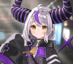 Rule 34 | 1girl, absurdres, ahoge, black dress, blurry, blurry background, braid, brown eyes, closed mouth, commentary request, daichi (daichi catcat), demon horns, depth of field, dress, grey hair, hair between eyes, hand up, highres, hololive, horns, la+ darknesss, light smile, long hair, long sleeves, looking at viewer, multicolored hair, pointy ears, purple hair, sleeves past fingers, sleeves past wrists, solo, streaked hair, striped horns, virtual youtuber