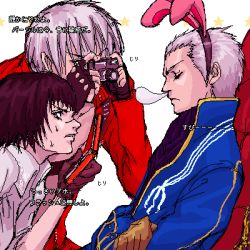 Rule 34 | 00s, 1girl, 2boys, capcom, dante (devil may cry), devil may cry (series), devil may cry 3, henyo, lady (devil may cry), lowres, multiple boys, prank, translation request, vergil (devil may cry)