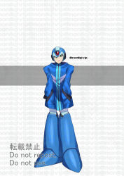 Rule 34 | 1boy, absurdres, alternate costume, android, blue footwear, blue headwear, blue jacket, boots, commentary request, forehead jewel, green eyes, hands in pockets, helmet, highres, jacket, mega man (series), mega man x (series), simple background, solo, twitter username, watermark, white background, x (mega man), yamanashi taiki