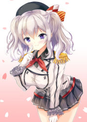 Rule 34 | 10s, 1girl, beret, blue eyes, breasts, buttons, epaulettes, frilled sleeves, frills, gloves, hat, highres, jacket, kantai collection, kashima (kancolle), kerchief, large breasts, military, military uniform, miniskirt, pleated skirt, silver hair, skirt, solo, staryume, twintails, uniform, wavy hair, white gloves