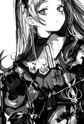 Rule 34 | 1girl, arknights, closed mouth, dress, earrings, gloves, greyscale, highres, holding, holding lantern, irene (arknights), jewelry, lantern, long hair, long sleeves, looking at viewer, monochrome, scar, scar across eye, simple background, sirayukisiu, solo, upper body