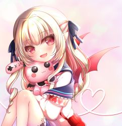 Rule 34 | 1girl, :d, bag, black bow, black sailor collar, blonde hair, blue skirt, blush, bow, commentary request, demon wings, fangs, feet out of frame, hair bow, highres, jacket, knees up, long hair, looking at viewer, makaino ririmu, multicolored hair, nijisanji, hugging object, off shoulder, open clothes, open jacket, open mouth, pointy ears, red eyes, red hair, red wings, sailor collar, shirt, shoulder bag, sitting, skirt, smile, solo, streaked hair, stuffed animal, stuffed rabbit, stuffed toy, two side up, very long hair, virtual youtuber, white jacket, white shirt, wings, yukiyuki 441