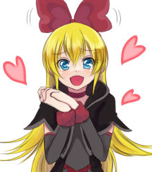 Rule 34 | 1girl, :d, bad id, bad pixiv id, blonde hair, blue eyes, bow, choker, dokidoki! precure, hair bow, heart, heart-shaped pupils, long hair, open mouth, own hands clasped, own hands together, precure, red ribbon, regina (dokidoki! precure), ribbon, sasamaru chimaki, simple background, smile, solo, symbol-shaped pupils, white background