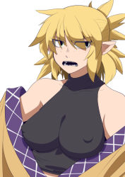 Rule 34 | 1girl, bags under eyes, black shirt, blonde hair, breasts, brown shirt, commentary request, covered erect nipples, eyes visible through hair, freckles, green eyes, half updo, highres, looking at viewer, medium breasts, mizuhashi parsee, off shoulder, open mouth, pointy ears, sharp teeth, shirt, short hair, simple background, sleeveless, sleeveless shirt, solo, teeth, touhou, upper body, uraraku shimuni, white background