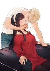 Rule 34 | !, !!, 1boy, 1girl, absurdres, black hair, blonde hair, denim, closed eyes, hairband, hetero, highres, jeans, kiss, kiss from behind, maiii (smaii i), pants, red sweater, shirt, short hair, sidelocks, sitting, spy x family, surprise kiss, surprised, sweater, twilight (spy x family), twitter username, white background, white hairband, white shirt, yor briar