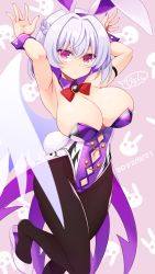 Rule 34 | 1girl, \||/, animal ears, armpit crease, arms up, bow, bowtie, braid, breasts, brooch, bunny day, chain, cleavage, closed mouth, clothing cutout, dated, fake animal ears, french braid, high heels, highres, jewelry, kishin sagume, large breasts, leotard, looking at viewer, mask, muchin jousha, nail polish, navel, navel cutout, playboy bunny, purple eyes, purple nails, rabbit ears, red bow, red bowtie, short hair, single wing, solo, touhou, white footwear, white hair, wings, wrist cuffs