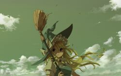 Rule 34 | 1girl, blonde hair, bow, braid, broom, cloud, commentary, english commentary, hat, hat bow, highres, holding, holding broom, kirisame marisa, long hair, looking at viewer, outdoors, parted lips, puffy short sleeves, puffy sleeves, short sleeves, side braid, single braid, sky, solo, tami (joemanyodw), touhou, upper body, white bow, witch hat