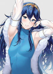 Rule 34 | 1girl, ameno (a meno0), arm up, armpits, arms up, bare shoulders, blue eyes, blue hair, blush, breasts, cape, detached sleeves, fire emblem, fire emblem awakening, fur trim, gloves, hair between eyes, long hair, looking at viewer, lucina (fire emblem), nintendo, official alternate costume, sleeveless, small breasts, smile, solo, tiara