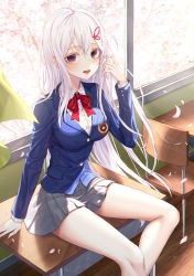 Rule 34 | 1girl, absurdres, arm support, blazer, blue jacket, breasts, butterfly hair ornament, chair, cherry blossoms, classroom, colored eyelashes, commentary request, desk, dress, echidna (re:zero), eichi (skskdi12z), feet out of frame, hair between eyes, hair ornament, hairclip, hand up, highres, indoors, jacket, long hair, long sleeves, looking at viewer, medium breasts, on desk, open mouth, petals, pleated skirt, purple eyes, re:zero kara hajimeru isekai seikatsu, school chair, school desk, school uniform, shirt, sitting, on desk, skirt, smile, solo, thighs, uniform, very long hair, white hair, wooden floor