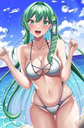 Rule 34 | 1girl, :d, armpit crease, beach, bikini, blue sky, blush, breasts, cleavage, collarbone, commentary request, dated, eyelashes, frog hair ornament, green nails, hair ornament, highres, hossy, kochiya sanae, large breasts, long hair, looking at viewer, nail polish, navel, ocean, open mouth, sidelocks, signature, sky, smile, snake hair ornament, solo, sparkle, swimsuit, thighs, tongue, touhou, water