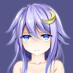 Rule 34 | 1girl, bad id, bad pixiv id, blue eyes, blush, collarbone, commentary request, crescent, crescent hair ornament, frown, hair between eyes, hair ornament, highres, kantai collection, kuromayu, long hair, looking at viewer, portrait, purple background, purple hair, short hair with long locks, simple background, solo, yayoi (kancolle)
