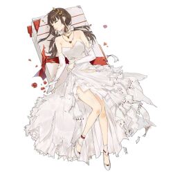 Rule 34 | 1girl, ankle garter, breasts, brown hair, cleavage, closed eyes, detached sleeves, dress, falcon (girls&#039; frontline), falcon (song of the morning dew) (girls&#039; frontline), flower, girls&#039; frontline, gloves, hair ornament, hao (patinnko), high heels, jewelry, laurel crown, long hair, lying, medium breasts, necklace, official alternate costume, official art, on back, panties, pearl necklace, petals, red ribbon, ribbon, rose, simple background, solo, too many flowers, torn clothes, torn dress, torn gloves, torn sleeves, transparent background, underwear, weapon case, wedding dress, white dress, white footwear, white gloves, white panties, white sleeves