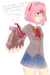 Rule 34 | 1girl, absurdres, artist name, bag, blue skirt, blush, breasts, chocolate, chocolate gorilla, doki doki literature club, english text, fang, fingernails, food, gift, gorilla, grey jacket, hair ornament, hair ribbon, hairclip, harambe, heart, highres, holding, holding gift, jacket, long sleeves, looking away, looking to the side, meme, natsuki (doki doki literature club), neck ribbon, open mouth, orange vest, outstretched arm, pink hair, plastic bag, pleated skirt, pogchamp (meme), raionart, red ribbon, ribbon, school uniform, shirt, short hair, short twintails, skirt, small breasts, solo, standing, thighs, tsundere, twintails, valentine, vest, white background, white shirt