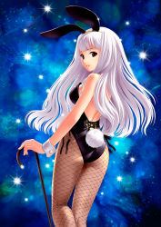 Rule 34 | 1girl, animal ears, ass, back, bare shoulders, blush, breasts, cane, fake animal ears, fishnet pantyhose, fishnets, idolmaster, idolmaster (classic), leotard, long hair, looking back, pantyhose, playboy bunny, ponnetsu, rabbit ears, rabbit tail, red eyes, shijou takane, small breasts, smile, solo, tail, white hair, wrist cuffs
