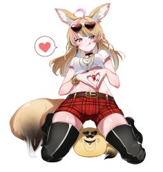 Rule 34 | 1girl, absurdres, ahoge, animal ear fluff, animal ears, belt, black choker, black footwear, black hair, blonde hair, blue hair, blush, boots, bracelet, breasts, brown belt, choker, closed mouth, cropped shirt, earrings, eyewear on head, fox ears, fox girl, fox tail, full body, glasses, heart, heart-shaped eyewear, heart-shaped pupils, heart choker, heart hands, highres, hololive, hoop earrings, jewelry, kneeling, long hair, looking at viewer, medium breasts, midriff, multicolored hair, multiple bracelets, multiple necklaces, nail polish, navel, official alternate costume, official alternate hairstyle, omaru polka, omaru polka (5th costume), opaque glasses, pink hair, plaid, plaid shorts, purple eyes, red-tinted eyewear, red nails, red shorts, shirt, short sleeves, shorts, simple background, smile, solo, spoken heart, streaked hair, sui hi sf, sunglasses, symbol-shaped pupils, t-shirt, tachi-e, tail, thigh boots, tinted eyewear, tongue, tongue out, virtual youtuber, white background, white shirt, zain (omaru polka)