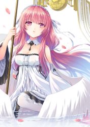 Rule 34 | 1girl, absurdres, angel wings, azur lane, bare shoulders, breasts, cleavage, commentary request, detached collar, detached sleeves, dress, headdress, highres, holding, holding staff, long hair, looking away, medium breasts, open mouth, partially submerged, perseus (azur lane), petals, pink eyes, pink hair, s nyaau, sidelocks, simple background, sitting, sleeveless, sleeveless dress, solo, staff, white background, white dress, white legwear, wide sleeves, wings, yokozuwari