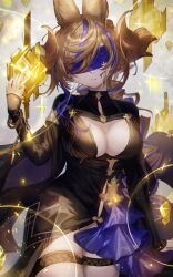 Rule 34 | 1girl, animal ears, black dress, blindfold, blue hair, breasts, brown hair, chain, cleavage, cleavage cutout, clothing cutout, cowboy shot, crystal, dress, facing viewer, galleon (granblue fantasy), galleon (life&#039;s compassionate observer) (granblue fantasy), granblue fantasy, hand up, highres, horns, large breasts, long hair, long sleeves, multicolored hair, parted lips, shionty, sleeves past wrists, smile, solo, thigh strap, two-tone hair