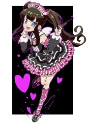 Rule 34 | 1girl, :d, black dress, black footwear, blue eyes, brown hair, commentary request, detached sleeves, dress, edamame (buruburu), fake wings, fang, frilled dress, frills, full body, hand on own cheek, hand on own face, hat, heart, heart in eye, highres, holding, holding syringe, idol clothes, kurosu aroma, long hair, looking at viewer, nurse, nurse cap, open mouth, pink armband, pink socks, pretty series, pripara, puffy detached sleeves, puffy sleeves, shoes, smile, socks, solo, standing, standing on one leg, symbol in eye, syringe, twintails, white wings, wings
