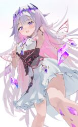 Rule 34 | 1girl, absurdres, arm behind head, armpits, blush, breasts, chest jewel, colored inner hair, commentary, crystal, dress, gem, gradient hair, grey hair, headpiece, highres, hololive, hololive english, jewel under eye, knees, koseki bijou, koseki bijou (1st costume), long hair, looking at viewer, multicolored hair, nimiru namire, open mouth, pink hair, purple eyes, purple gemstone, purple hair, simple background, small breasts, smile, solo, symbol-only commentary, thighs, twitter username, very long hair, virtual youtuber, white background, white dress, wings