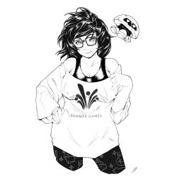 Rule 34 | 1girl, absurdres, bare shoulders, breasts, cleavage, closed mouth, floating, glasses, greyscale, hand on own hip, heart, heart-shaped eyes, highres, kofjp, looking at viewer, medium hair, mei (overwatch), monochrome, overwatch, overwatch 1, pajamei, robot, signature, smile, solo