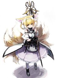 Rule 34 | 1girl, absurdres, animal ear fluff, animal ears, arknights, bare shoulders, black footwear, black gloves, blonde hair, blouse, blue hairband, blush, boots, braid, braided hair rings, brown eyes, commentary request, fox ears, fox girl, fox tail, frilled skirt, frills, full body, gloves, hair rings, hairband, highres, holding, infection monitor (arknights), kitsune, looking at viewer, material growth, multicolored hair, oripathy lesion (arknights), osakanadream, pantyhose, parted lips, purple skirt, shirt, single glove, skirt, solo, standing, suzuran (arknights), tail, twin braids, two-tone hair, white background, white hair, white pantyhose, white shirt