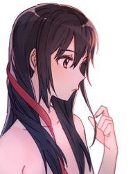 Rule 34 | 10s, 14 (vision5032), 1girl, alternate hairstyle, bad id, bad pixiv id, black hair, completely nude, hair down, hair ribbon, long hair, love live!, love live! school idol project, nude, playing with own hair, red eyes, ribbon, simple background, solo, white background, yazawa nico