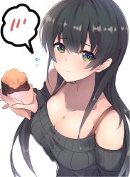 Rule 34 | 10s, 1girl, agano (kancolle), alternate costume, bare shoulders, black hair, black sweater, blush, bra strap, breasts, cleavage, closed mouth, collarbone, dyson (edaokunnsaikouya), flying sweatdrops, food, frown, green eyes, holding, holding food, kantai collection, large breasts, long hair, long sleeves, looking at viewer, off-shoulder, off-shoulder sweater, off shoulder, ribbed sweater, roasted sweet potato, solo, spoken blush, sweater, sweet potato, tears, upper body, white background, roasted sweet potato