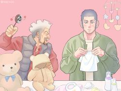 Rule 34 | 2boys, animal costume, baby bottle, babydoll, bear costume, beard, black hair, blush, bottle, buzz cut, character request, facial hair, golden kamuy, holding, holding clothes, holding shirt, long sideburns, male focus, multiple boys, nopinzo, old, old man, shirt, short hair, sideburns, stuffed animal, stuffed toy, tanigaki genjirou, teddy bear, thick eyebrows, very short hair, white hair, yin yang, yin yang print