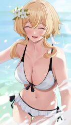 Rule 34 | 1girl, ^ ^, absurdres, bare shoulders, bikini, blonde hair, breasts, cleavage, closed eyes, commentary, cowboy shot, facing viewer, feather hair ornament, feathers, flower, genshin impact, haerge, hair flower, hair ornament, highres, large breasts, lumine (genshin impact), navel, short hair with long locks, sidelocks, solo, standing, stomach, swimsuit, white bikini, white flower