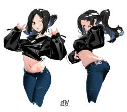 Rule 34 | 1girl, absurdres, ass, black eyes, black hair, black jacket, butt crack, closed mouth, dated, denim, fingernails, han-0v0, highres, jacket, jeans, long hair, midriff, multicolored hair, multiple views, navel, original, pants, parted lips, ponytail, signature, simple background, sketch, sleeves past wrists, white background, zipper, zipper pull tab