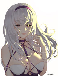 Rule 34 | 1girl, adapted costume, alternate costume, azur lane, bare shoulders, breasts, choker, cleavage, collarbone, dido (azur lane), dress, hairband, large breasts, long hair, maoyao-ll, pink lips, purple choker, purple dress, purple eyes, purple hairband, signature, silver hair, solo, white background