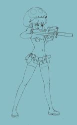 Rule 34 | assault rifle, beanie, blue background, boots, breasts, drawfag, ears visible through hair, gloves, groin, gun, hair between eyes, hat, highres, holding, holding gun, holding weapon, holster, holstered, jakuzure nonon, kill la kill, monochrome, one eye closed, pouch, ribs, rifle, sidelocks, sketch, skull, skull print, small breasts, source request, thigh boots, thighhighs, tongue, tongue out, tsurime, weapon