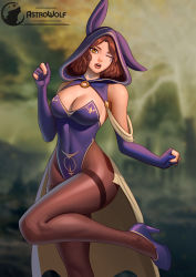 Rule 34 | 1girl, alternate costume, animal ears, animal hood, artist logo, artist name, astrowolf, bare shoulders, black pantyhose, blurry, blurry background, breasts, brown eyes, brown hair, brown pantyhose, cape, cleavage, commentary, covered navel, depth of field, elbow gloves, elden ring, english commentary, facial tattoo, fake animal ears, fingernails, gloves, high heels, highres, hood, hood up, leg up, long fingernails, looking at viewer, medium breasts, melina (elden ring), o-ring, one eye closed, open mouth, pantyhose, partially fingerless gloves, purple footwear, purple gloves, rabbit ears, rabbit hood, short hair, solo, standing, standing on one leg, tattoo, thighband pantyhose, thighs, wide hips
