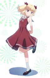 Rule 34 | 1girl, arms behind back, black footwear, blonde hair, blush, collarbone, dress, full body, grey legwear, hair ribbon, head tilt, highres, iijima yun, leg up, looking at viewer, mary janes, new game!, red dress, red eyes, red ribbon, ribbon, shoes, sleeveless, sleeveless dress, smile, solo, standing, standing on one leg, twintails, two side up, white background