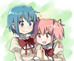 Rule 34 | 10s, 2girls, :d, bad id, bad pixiv id, blue eyes, blue hair, hair ribbon, hands on shoulders, heart, holding hands, kaname madoka, mahou shoujo madoka magica, mahou shoujo madoka magica (anime), miki sayaka, multiple girls, open mouth, pink eyes, pink hair, ribbon, school uniform, short hair, short twintails, smile, twintails, yoplait