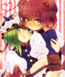 Rule 34 | 2girls, :q, bad id, bad pixiv id, blue eyes, blush, brown eyes, female focus, green hair, hair bobbles, hair ornament, hand on back, heart, hug, licking lips, looking at viewer, mk, multiple girls, onozuka komachi, red hair, shiki eiki, short hair, short twintails, striped, striped background, tongue, tongue out, touhou, twintails, two side up, yuri