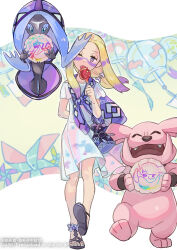 Rule 34 | 1girl, adapted costume, blonde hair, bright pupils, candy apple, commentary request, creatures (company), dress, eyelashes, facepaint, food, game freak, gen 2 pokemon, gen 7 pokemon, granbull, haraya, holding, legendary pokemon, licking, long hair, mina (pokemon), mina (sygna suit) (pokemon), multicolored hair, nintendo, official alternate costume, one eye closed, pokemon, pokemon (creature), pokemon masters ex, purple hair, sandals, short sleeves, sidelocks, signature, standing, tapu fini, tongue, tongue out, two-tone hair, watermark, white dress, white pupils