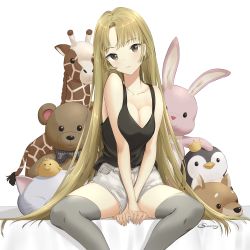 Rule 34 | 1girl, absurdres, bare shoulders, black shirt, blonde hair, breasts, brown hair, cleavage, collarbone, commentary request, frown, grey thighhighs, highres, large breasts, long hair, looking at viewer, original, saemoy, shirt, short shorts, shorts, simple background, solo, stuffed animal, stuffed bird, stuffed cat, stuffed dog, stuffed giraffe, stuffed penguin, stuffed rabbit, stuffed toy, teddy bear, thighhighs, very long hair, white background, white shorts