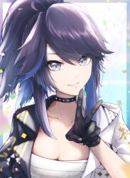 Rule 34 | 1girl, black gloves, black jacket, blue eyes, blue hair, breasts, chest sarashi, cleavage, gloves, happy anniversary, highres, hirome99, jacket, kson, large breasts, long hair, looking at viewer, mole, mole under eye, multicolored clothes, multicolored hair, multicolored jacket, ponytail, purple hair, sarashi, sidelocks, solo, souchou, streaked hair, two-tone jacket, v, virtual youtuber, vshojo, white jacket