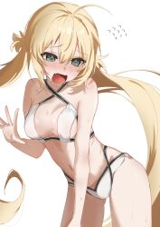 1girl @_@ ahoge artoria_caster_(fate) artoria_caster_(swimsuit)_(fate) artoria_caster_(swimsuit)_(first_ascension)_(fate) artoria_pendragon_(fate) bikini blonde_hair blush breasts ekaku_mim embarrassed fang fate/grand_order fate_(series) green_eyes hand_up highres long_hair navel open_mouth solo swimsuit twintails white_background white_bikini