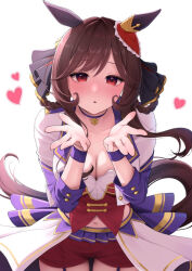 Rule 34 | 1girl, alternate costume, animal ears, blowing kiss, blush, braided hair rings, breasts, brown hair, cleavage, collarbone, commentary request, gentildonna (umamusume), hair ornament, hair rings, heart, horse ears, horse girl, horse tail, large breasts, looking at viewer, medium breasts, midriff, navel, sayosayo-0, shorts, simple background, solo, starting future (umamusume), tail, thighs, umamusume, umapyoi densetsu, white background