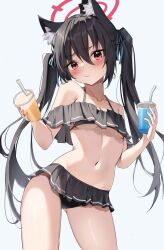 Rule 34 | 1girl, absurdres, bare arms, bare legs, bare shoulders, bikini, black bikini, blue archive, drink, drinking straw, frilled bikini, frills, highres, holding, holding drink, navel, official alternate costume, scarlet (wv0102), serika (blue archive), serika (swimsuit) (blue archive), simple background, solo, swimsuit, white background