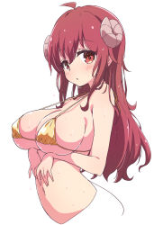 Rule 34 | 1girl, ahoge, bikini, bikini top only, blush, breasts, curled horns, demon girl, demon horns, gold bikini, hair between eyes, highres, horns, large breasts, long hair, looking at viewer, machikado mazoku, mel (melty pot), parted lips, red eyes, red hair, simple background, solo, swimsuit, tail, upper body, wet, wet hair, white background, yoshida yuuko (machikado mazoku)