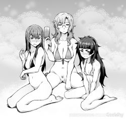 Rule 34 | 3girls, absurdres, artist name, bare arms, bare shoulders, barefoot, blush, bottomless, breasts squeezed together, breasts, cellphone, closed mouth, embarrassed, female pubic hair, fingernails, flip phone, geewhy, glasses, greyscale, hand up, highres, hiyajou maho, holding, holding phone, jitome, kiryuu moeka, large breasts, light censor, long hair, looking at viewer, makise kurisu, medium breasts, messy hair, moderate pubic hair, monochrome, multiple girls, navel, nose blush, parted lips, phone, pubic hair, pussy, seiza, semi-rimless eyewear, sitting, small breasts, steins;gate, steins;gate 0, sweat, under-rim eyewear, wariza